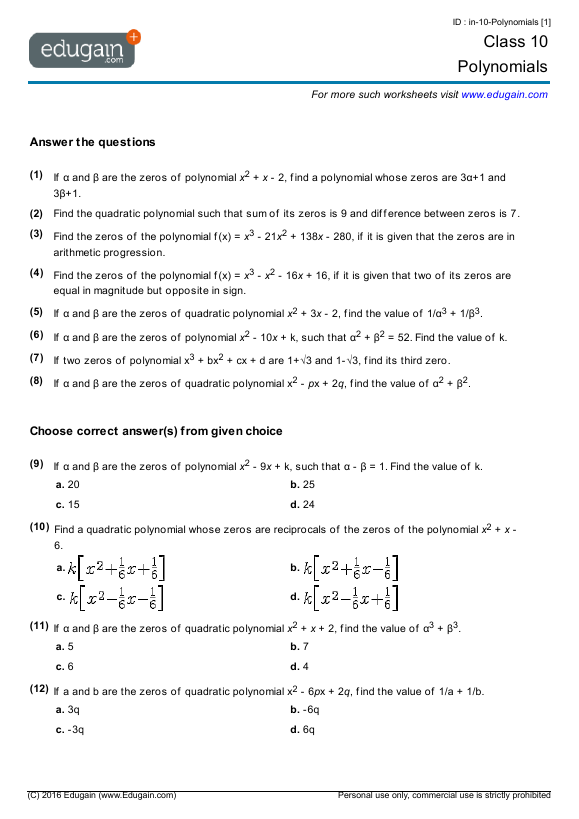 grade 10 polynomials math practice questions tests worksheets