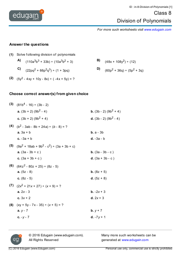 Grade 8 Division Of Polynomials Math Practice Questions Tests Worksheets Quizzes 